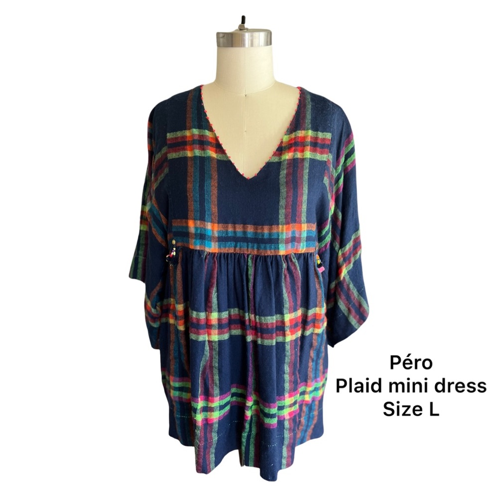 Péro hand woven cotton mini dress/oversized top. Size L. Floral silk lining.